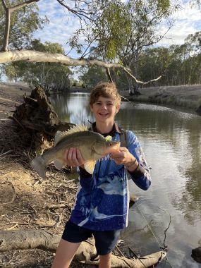 Bryce with his catch on Wimmera River, Wimmera CMA and Just My Luck Fishing
